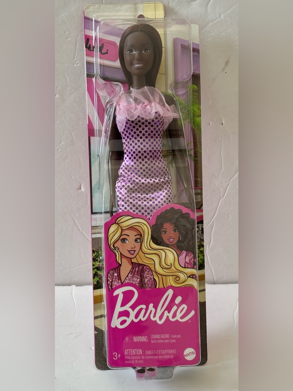 Barbie Lavender Polka Dot Satin Dress with Pink Mesh Ruffle
